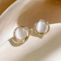 Stud Earrings Korean Beige Opal Stone Round For Women Gold Colour Geometry Statement Earring Romantic Girl Gifts Accessories