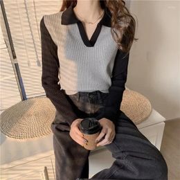 Women's Sweaters Fashion Contrasting Colors Polo Collar Lady Sweater Classic Long Sleeve Knitting Casual Slim Temperament All-match Top PH49