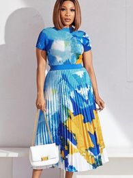 Work Dresses Women Printed Two Pieces Set Short Sleeve Tops Slim High Waist Skirts Pleated Elegant Female Suit Office Ladies African Fashion