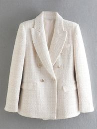 Women's Suits Blazers Beige Tweed Women Blazer Jacket Office Lady Solid Colour Double Breasted Button Up Coat Casual Girls