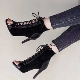 Sandals Lace-up Sandals Heels 9cm Women's Shoes Summer 2023 Trend Black Sexy Peep Toe Boots Fashion Cloth Stilettos Jazz Dance Female 230322