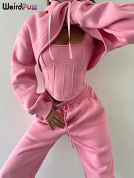 Women s Two Piece Pants Weird Puss Sporty Casual Women Tracksuit 3 Set Stretch Hooded Crop Tops Vest Harlan Matching Slim Streetwear Outfits 231031