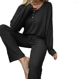 Women's Sleepwear 2Pcs/Set Women Solid Colour Casual Pyjama Set O-neck Long Sleeve Top Elastic Waist Drawstring Wide Leg Pants Loungewear