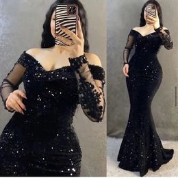 Glitter Sequins Mermaid Black Evening Dress 2024 Off The Shoulder Long Sleeves Women Formal Plus Size Prom Birthday Party Gown Robe De Soiree