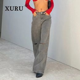 Women s Jeans XURU European and American High Waist Loose Wide Leg for Women Knee Hole Grey Long K5 6803 231101