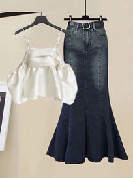 Work Dresses Summer Outfits For Women 2023 Fashion Slash Neck Sexy Chic Tops And Vintage Denim Mermaid Long Skirts Two Pieces Sets Korean