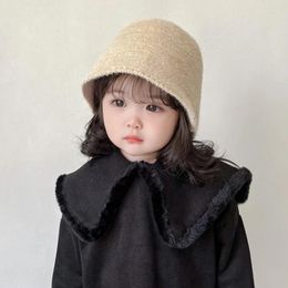 Hats Winter Kids Bucket Hat Korean Ins Solid Color Fisherman Cap For Girls Soft Warm Chenille Foldable Children Panama Caps