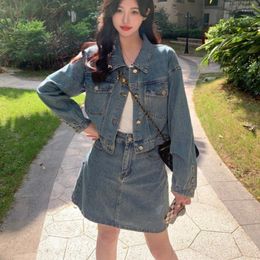 Two Piece Dress Vintage Women Denim Skirts Set Y2K Long Sleeve Jacket Tops And High Waist Mini A-line Suit Korean Outfits