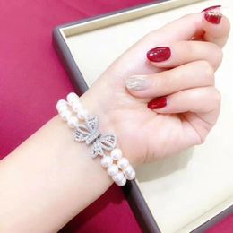 Bangle Hand Knotted 2 Row 8-9mm Genuine White Freshwater Pearl Bracelet Micro Inlay Zircon Butterfly Accessories Clasp 20cm