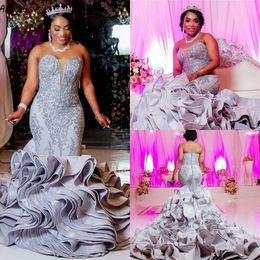 Gorgeous Grey Ruffles Mermaid Evening Dresses Nigeria African Lace Sweetheart Sexy Plus Size Formal Party Gowns Long Train Reception Engagement Dress CL2867