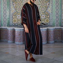 Ethnic Clothing Abaya Men Islam Pakistan Muslim Robe Saudi Arabia Djellaba Man Arabic Kaftan Black Linen Striped Cotton Three Quarter Sleeve