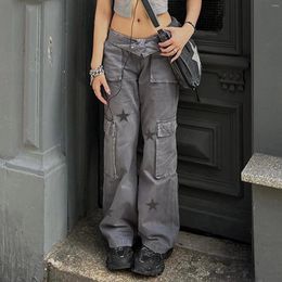 Women's Jeans Womens Street Retro Low Rise Denim Overalls Chic Streetwear Star Print Large Pocket Design Harajuku Straight Leg Casual Pants