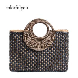 Rattan Woven Handbag With Round Handle Simple Style Black Straw Tote Bag With Zipper 2021 Women Beach Bag Large Capacity 230401