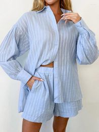 Women's Sleepwear Linad Loose Home Clothes 2 Piece Sets Blue Long Sleeve Female Casual Night Suits With Shorts Autumn 2023