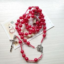 Pendant Necklaces QIGO Red Imitaion Pearl Rosary Neckalce Long Beads Strand Cross Religious Jewelry