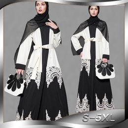 Ethnic Clothing Fashional Women's Fashion Lace Cutout Stitching Black And White Cardigan Plus Size Lace-up Loose Robe Muslim Islamic Gown