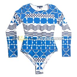 Women Long Sleeve Swimwear Geometric Print Bathing Suit One Piece Beach Wear Crew Neck Swimsuit