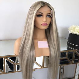 Highlight Wig Human Hair 360 Lace Frontal Wigs For Women HD Transparent Straight Brown Roots Ash Blonde Wig Synthetic Preplucked