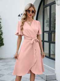 Party Dresses Midi Women Elegant Short Sleeve V Neck Summer Dress 2023 Comfortable Satin Casual Wears Simple Solid Color Clothes S-2XL