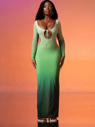 Basic Casual Dresses Sifreyr Long Sleeve Gradient Maxi Dres Robe Autumn V Neck Hollow Out Backless Mesh Sexy Party Bodycon Vestidos 231031