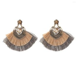 Dangle Earrings Exaggerated Anitiqued Gold Color Pink Fan-shaped Rope Tassel Pendant Drop For Women Retro Bohmian Jewelry