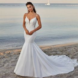 Sexy Spaghetti Straps Boho Mermaid Wedding Dresses Lace Appliques Long Train Summer Beach Bridal Gowns Fitted 2024 Bohemian Bride Dress