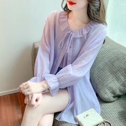 Women's Blouses Korean Fashion Ruffle Tie Neck Purple Shirt Women Summer Trumpet Long Sleeve Cardigan Spring Thin Coat Ladies Chiffon Top