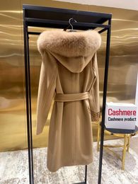 Women's Wool Blends High-end Winter Wool Coat Women Mid-length Hooded Fox Collar White Coat With Lace Coat Autumn Camel Warm Coat Female Black Coat 231101