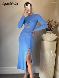 Casual Dresses Ribbed Knit Full Sleeve Twist Knot Cut Out Dress Lady O-neck Elegant Sexy Split Vestidos Women Fashion Vacation Party