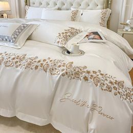 Bedding Sets Luxury Golden Brown Flowers Embroidery Set 1000TC Egyptian Cotton Duvet Cover Elastic Band Bed Sheet Pillowcases