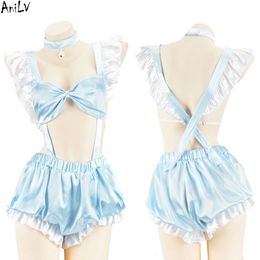 Ani Lolita Girl Bow Maid Bodysuit Apron Unifrom Women Anime Cute Suspenders Pumpkin Pants Outfits Costumes Cosplay cosplay