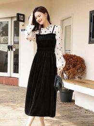 Casual Dresses Fashion Black White Velvet Dot Patchwork Long Sleeved Ruffles Dress Woman High Waist Slim Pleated A-line Femme Robe French