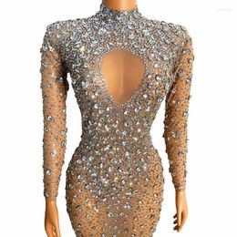 Stage Wear Evening Birthday Celebrate Mesh Stretch Dance Long Sleeves Dress Flashing Silver Crystals Stones Sexy Transparent