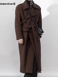 Women Blends Mauroicardi Autumn Winter Cool Elegant Long Warm Black Woolen Trench Coat Men Belt Luxury Designer Clothes Overcoat 231101