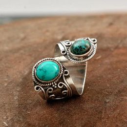 Cluster Rings Floral Embossed & Turquoise Thumb Spiral Ring December Birthstone Adjustable Curvy Natural Stone Boho Bohemia Jewelry Blue