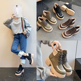miui Autumn/winter Best-quality Shoe 2024 Boots Childrens Tall Mid Sleeve Martin Boots High Heel Thick Sole Short Boots Lace Up Western Cowboy Leather Boots
