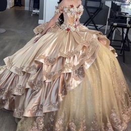 2024 Champagne Shiny Sweetheart Quinceanera Dress Appliques Lace Beads Tull Off the Shoulder Ball Gowns Vestidos De 15 Anos