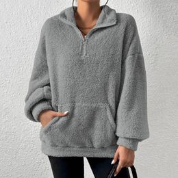 Women's Hoodies Half Zip Fleece Sweatshirt Big Pocket Drop Shoulder Stand Up Collar Solid Thicken Warm Pullover Hooded Shirt