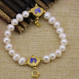 Strand Fashion Women Bracelets Natural White Pearl Nearround Beads 9-10mm Gold-color Cloisonne Spacer Diy Jewellery 7.5inch B3099