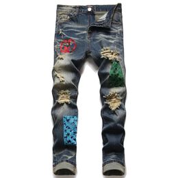 4pzr Mens Jeans Designer High Street Purple for Embroidery Pants Womens Ripped Patch Hole Denim Straight Fashion Streetwear Le