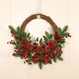 Decorative Flowers Wreaths Christmas Wreath Pinecone Wreath Red Fruit Festive Wreaths Hanging Pendant for Front Door Home Decor 231102