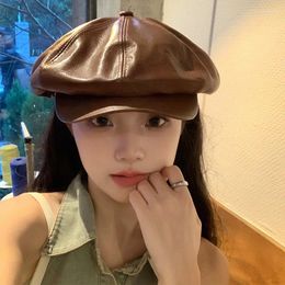 Berets Japanese Retro PU Leather Caps For Women And Men Autumn Winter Ins Casual Versatile Show Face Small Octagonal Hats