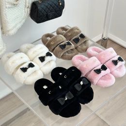 Women Designer Slippers Winter Bow Knot Plush Slippers Wool Rhinestone Buckle Flat Thick Sole Shoes