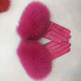 Mittens Female Luxury Real Leather Gloves With Fox Fur Cuff Women Warm Winter Genuine Ladies Casual Hand Warmer