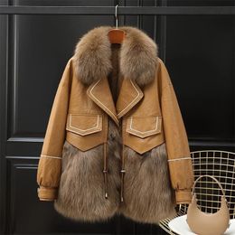 Womens Fur Faux Fur Splicing Fur Coat Women Autumn Winter Thick Warm Faux Fur Coat Jacket Female Fashion PU Leather Fur Coats Fluffy Outerwear 231101