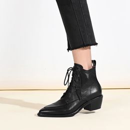 Boots Genuine Leather Retro Mature Women Ankle Boots Pointed Toe Lace-Up Thick Heels Shoes Woman Autumn Winter Office Boot Shoe 231102