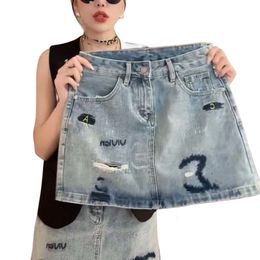 Women's letter embroidery high waist a-line denim jeans short skirt SMLXLXXL