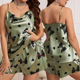 Women's Sleepwear Big Size 3Xl 4Xl 5Xl Sleep Suit Satin Pyjamas Print Butterfly Chemise Pyjamas Sexy Home Clothing Cami&shorts Nightgown