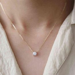 925 Sterling Silver French Simple Crystal Pendant Clavicle Chain Necklace Women Light Luxury Party Plating 14k Gold Jewellery Y220222513