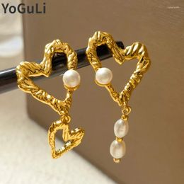 Dangle Earrings Modern Jewellery 925 Silver Needle Asymmetrical Simulated Pearl Heart For Women 2023 Tren Thick Gold Colour Plated